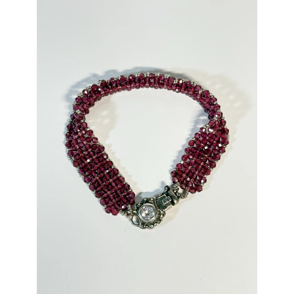 925 Sterling Silver Purple Faceted Beaded Bracelet Marcasite Clasp 7 Inch